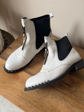 White Leather Chelsea Zip Booties with Stud Trim Italian Shoes